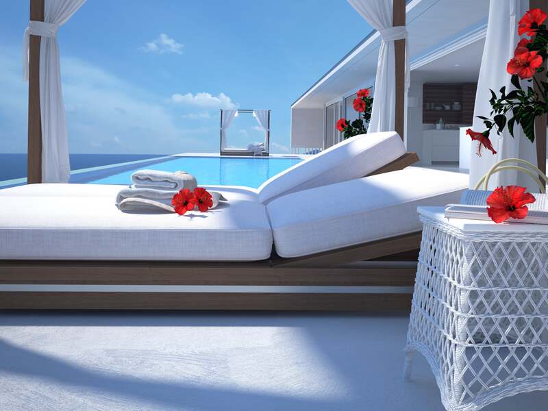 luxury villa spa chair, pool and flowers