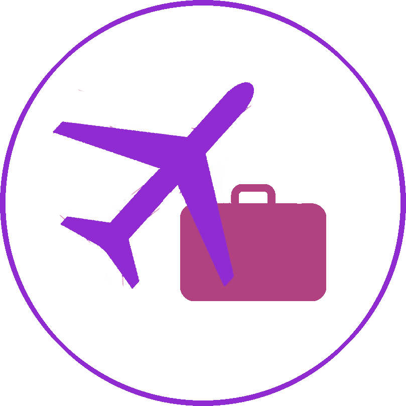 purple and pink icon, purple airplane, pink luggage